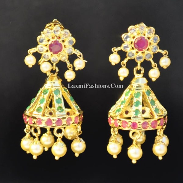 One Gram Gold Earrings Jhumkas Red Ruby Green Emerald Stripes White CZs Pearls Indian Chandeliers Jumka Bollywood Jewelry Black Friday Sale
