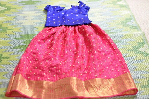 Kids Pink Organza Lehenga Choli With Blue Embroidered Blouse - Etsy