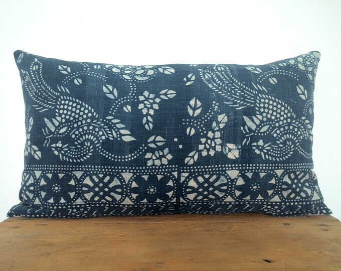 14x 24 Vintage Chinese Indigo Batik Pillow Cover, HMONG Batik Indigo