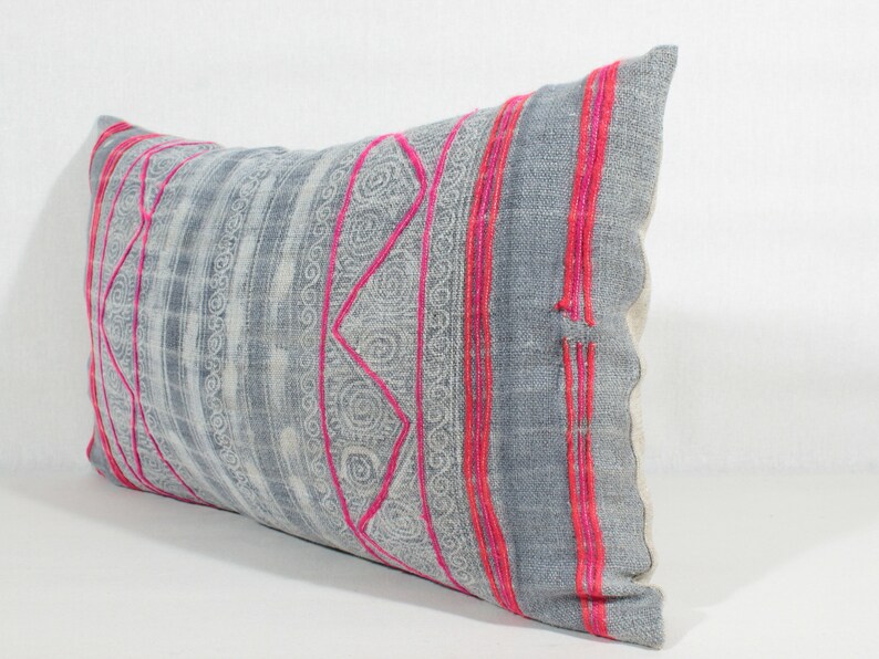 12x20 Vintage Gray Hemp Batik with Pink Stripes PillowHMONG Handwoven Hemp Pillow CoverExotic Textile CushionEthnic Costume Pillow Case