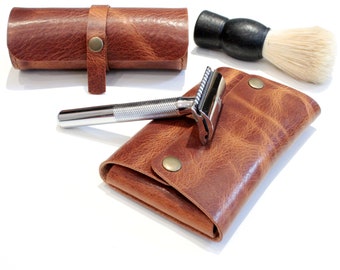 Leather Shaving Kit Holder & Shaving Brush Roll Case, Razor and Brush Protector Kit, Handmade Leather Grooming Gift for Men