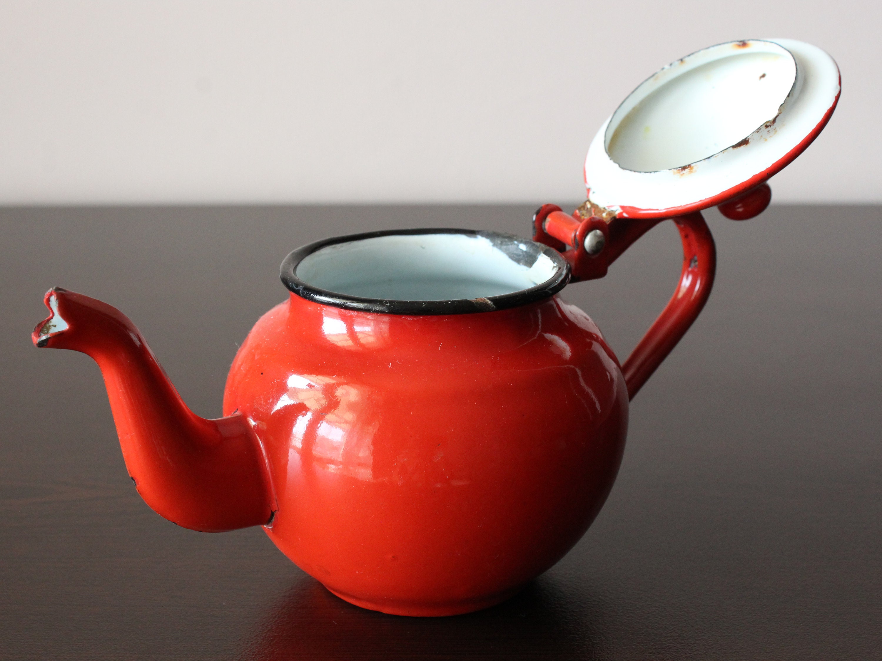 Vintage Red Enamel Teapot/Small Vintage Enamelware Tea Kettle/ Etsy