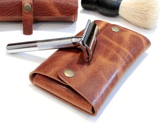 Handmade Leather Shaving Kit Holder, Grooming Gift for Men, Leather Safety Razor Travel Case