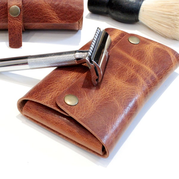 Handmade Leather Shaving Kit Holder, Grooming Gift for Men, Leather Safety Razor Travel Case