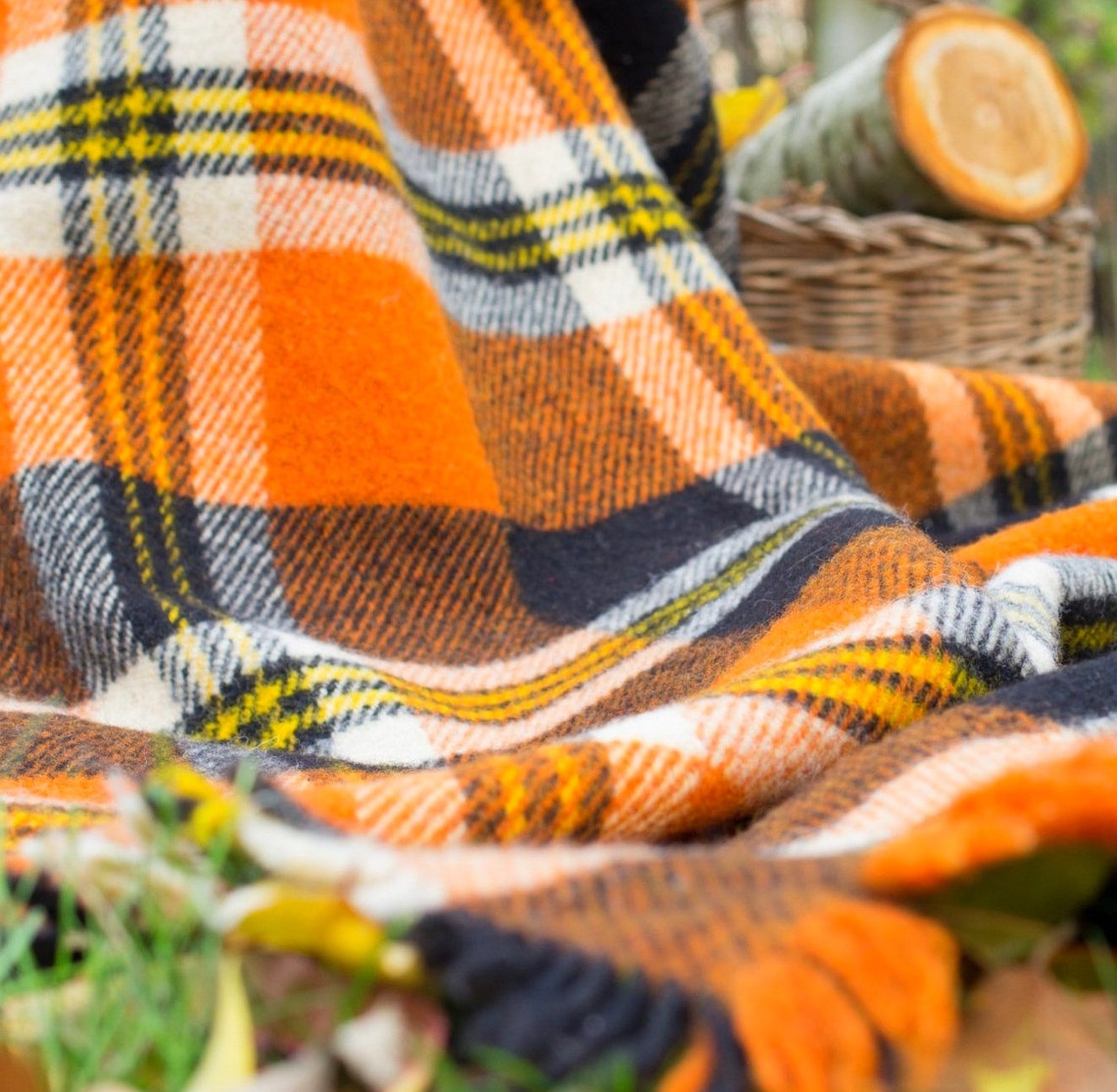 Ethnic Orange Plaid Wool Blanket / Extra Warm Natural Throw Etsy
