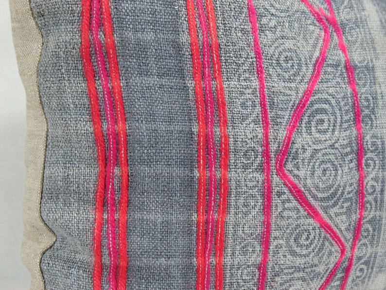 12x20 Vintage Gray Hemp Batik with Pink Stripes PillowHMONG Handwoven Hemp Pillow CoverExotic Textile CushionEthnic Costume Pillow Case
