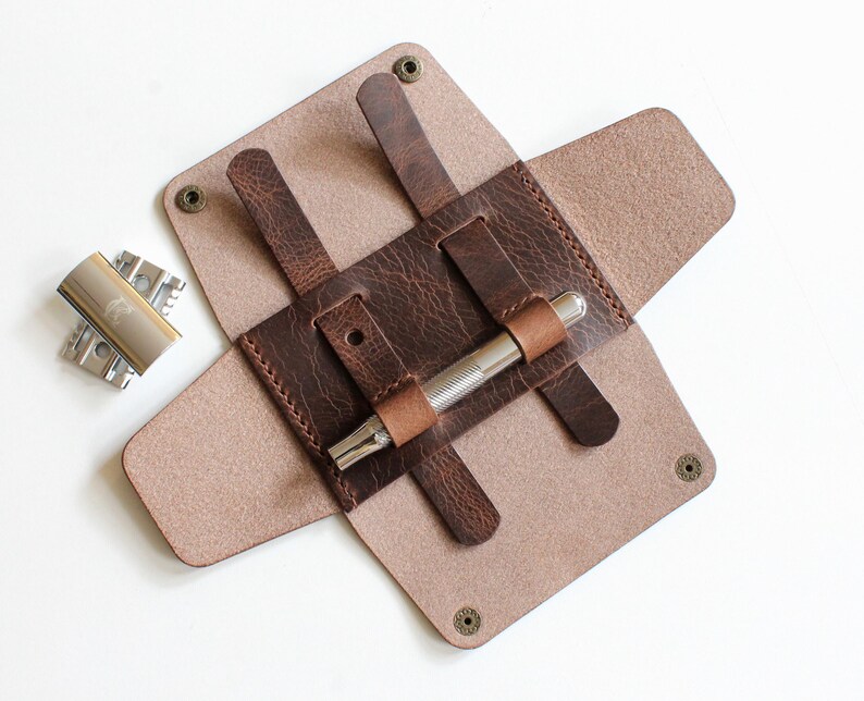 Handmade Leather Shaving Kit Holder: Italian Leather Travel Case, Gift for Him & Free Initials image 13