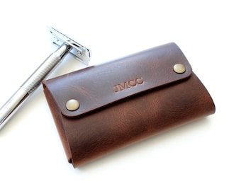 Personalized Leather Shaving Kit Holder, Handmade Italian Leather Travel Case, Gift for Him