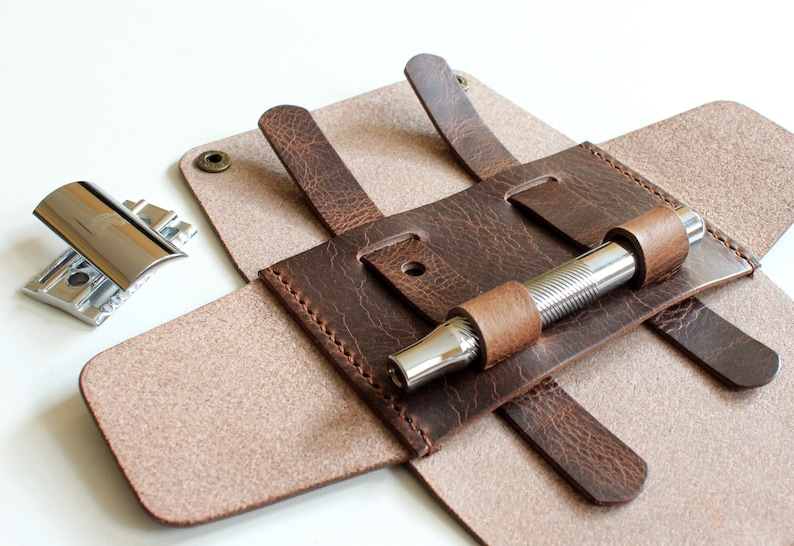 Handmade Leather Shaving Kit Holder: Italian Leather Travel Case, Gift for Him & Free Initials image 12