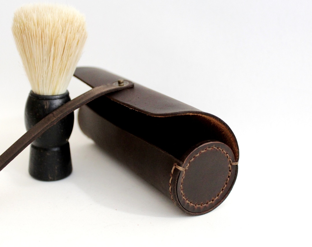 Personalized Leather Shaving Brush Roll Case, Travel Shaving Brush