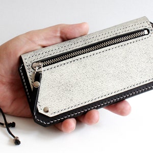 Long Leather Wallet, Distressed White and Black Leather Wallet, Handmade Biker Wallet, Long Trucker Wallet image 2