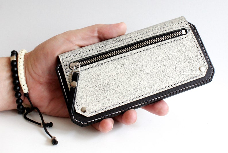 Long Leather Wallet, Distressed White and Black Leather Wallet, Handmade Biker Wallet, Long Trucker Wallet image 2