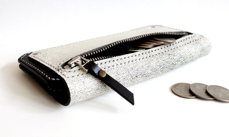 Long Leather Wallet, Distressed White and Black Leather Wallet, Handmade Biker Wallet, Long Trucker Wallet image 3