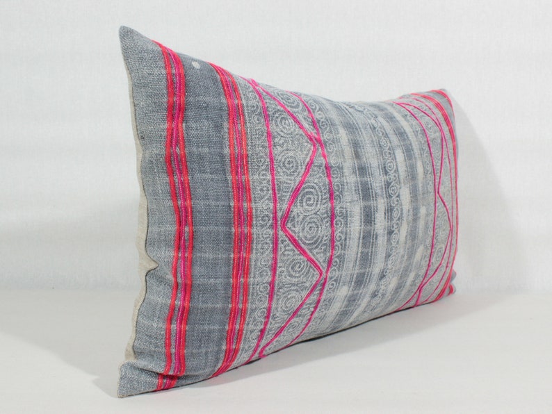 12x20 Vintage Gray Hemp Batik with Pink Stripes PillowHMONG Handwoven Hemp Pillow CoverExotic Textile CushionEthnic Costume Pillow Case