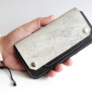 Long Leather Wallet, Distressed White and Black Leather Wallet, Handmade Biker Wallet, Long Trucker Wallet image 1