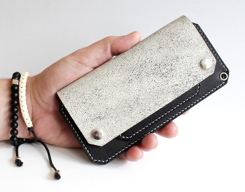 Long Leather Wallet, Distressed White and Black Leather Wallet, Handmade Biker Wallet, Long Trucker Wallet image 1