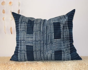 Vintage Indigo Batik Pillow Cover, HMONG Batik Hemp Pillow Case