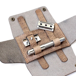 Handmade Leather Shaving Kit Holder: Italian Leather Travel Case, Gift for Him & Free Initials image 9