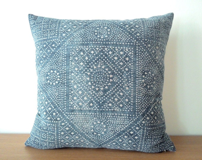 18x 18 Old Chinese Indigo Batik Pillow Cover, HMONG Batik Indigo Pillow