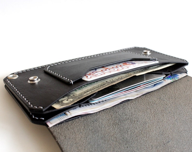 Long Leather Wallet, Distressed White and Black Leather Wallet, Handmade Biker Wallet, Long Trucker Wallet image 5