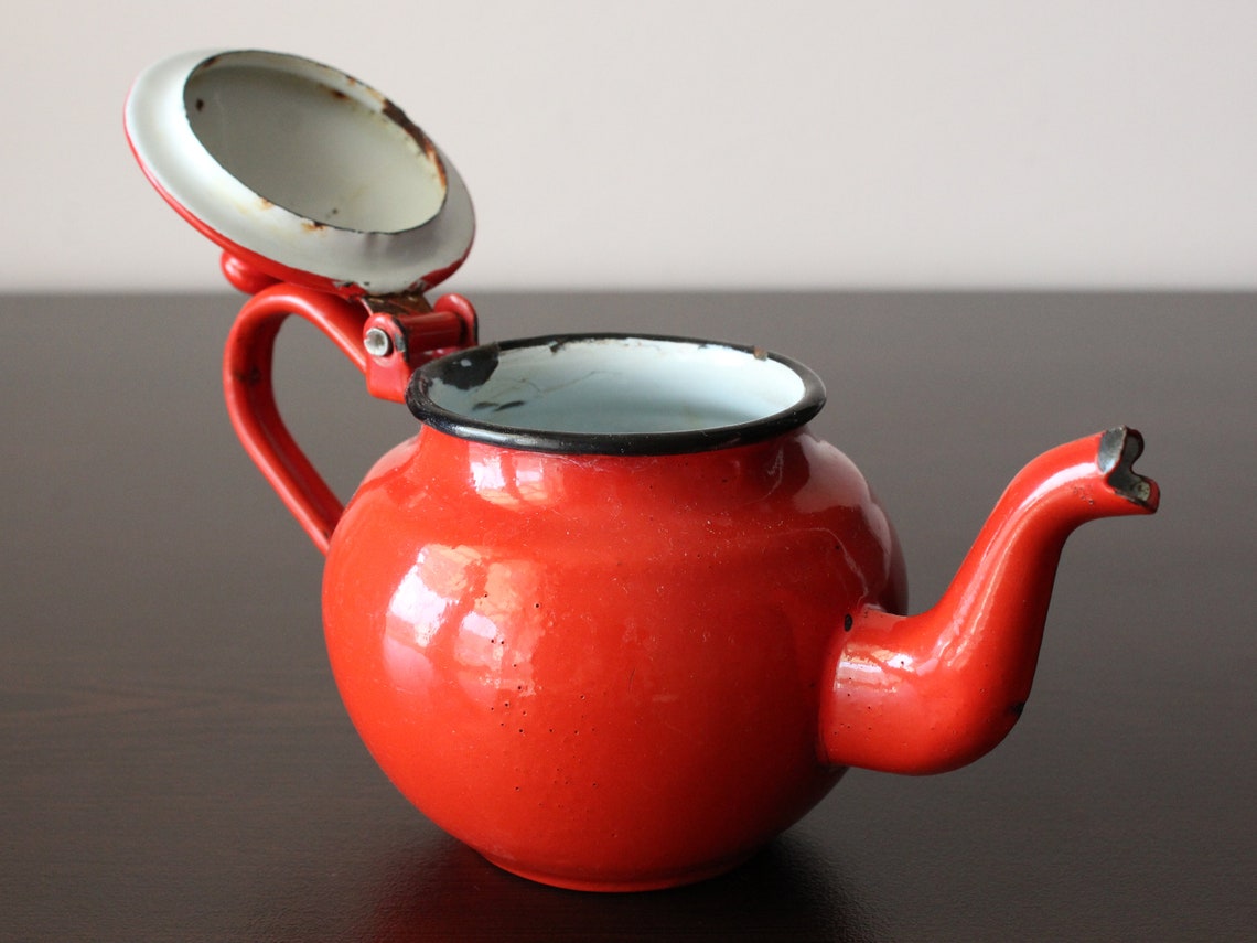 Vintage Red Enamel Teapot/small Vintage Enamelware Tea Kettle/ Etsy