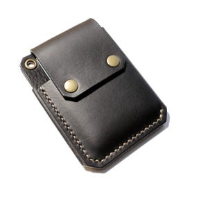 Cartera de cuero, billetera minimalista hecha a mano para tarjetas de cuero, billetera delgada para hombres y mujeres, bolsillo AirTag Black&Bronze Buttons