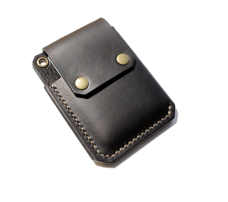 Cartera de cuero, billetera minimalista hecha a mano para tarjetas de cuero, billetera delgada para hombres y mujeres, bolsillo AirTag Black&Bronze Buttons
