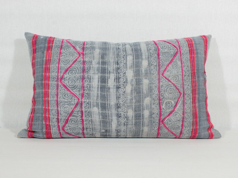 12x20 Vintage Gray Hemp Batik with Pink Stripes PillowHMONG Handwoven Hemp Pillow CoverExotic Textile CushionEthnic Costume Pillow Case