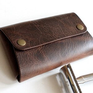 Handmade Leather Shaving Kit Holder: Italian Leather Travel Case, Gift for Him & Free Initials Chestnut Brown