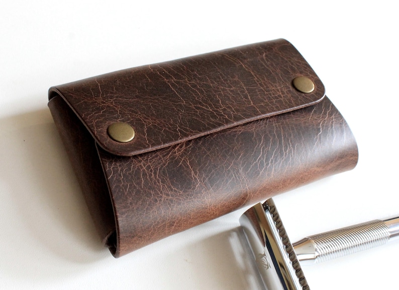 Handmade Leather Shaving Kit Holder: Italian Leather Travel Case, Gift for Him & Free Initials Chestnut Brown