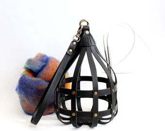 Stylish Leather Yarn Holder, Handmade Leather Knitting Project Bag, Yarn Holder with Wrist Strap, Leather Yarn Cage
