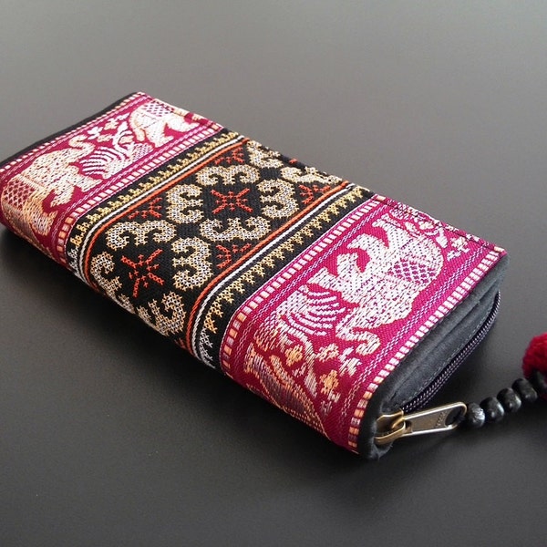 Tribal Cotton Wallet, Ethnic Hmong Hand Embroidery Wallet, Thai Silk Marching Elephants Wallet, Boho Long Wallet, Hippie Clutch