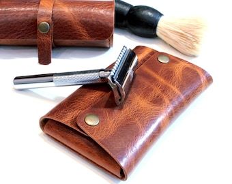Handmade Leather Shaving Kit Holder & Brush Roll Case: customizable Grooming Gift