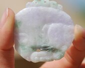 Carved Chinese Jade Elephant Pendant, translucent pale green, white, lavender, luck carving, Carved Pendant 46.5 x 45 mm