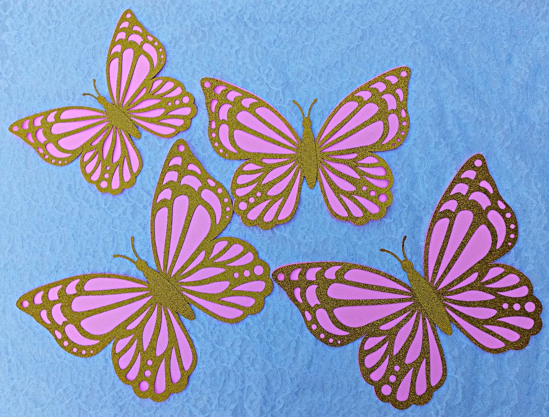 3D Large Pink and Gold Glitter Paper Butterflies, 4 Pc Set of Different
