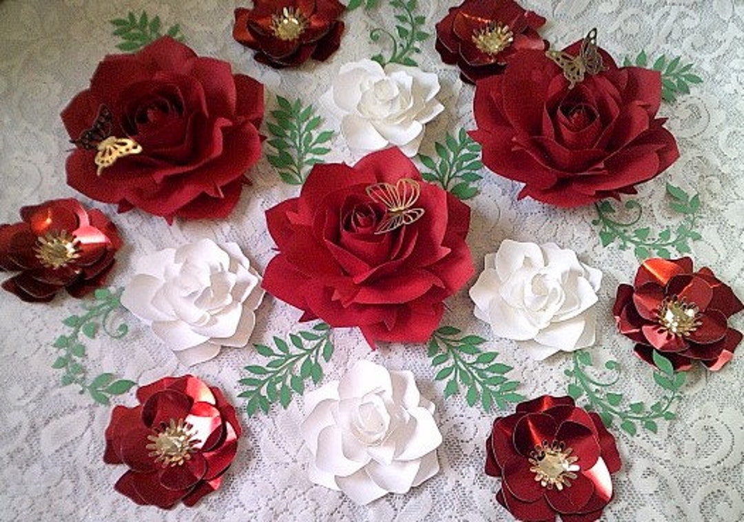 13pc Red Paper Roses With Gardenias Butterflies Set, Wall Decor ...
