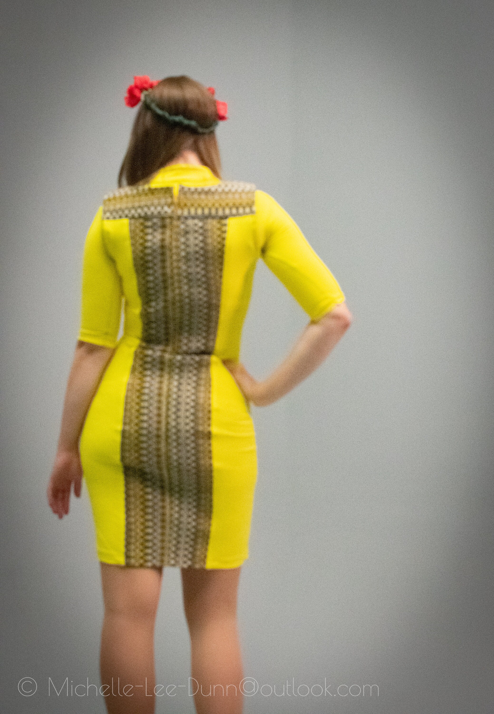 Vibrant Yellow Jersey Knit Dress with Corduroy and Leather Accents