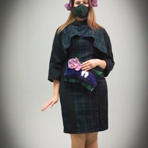 One of a Kind Green & Blue Wool Plaid Sheath Dress with Cape Mini Jacket - 2020 Green is the New Black Fashion Show