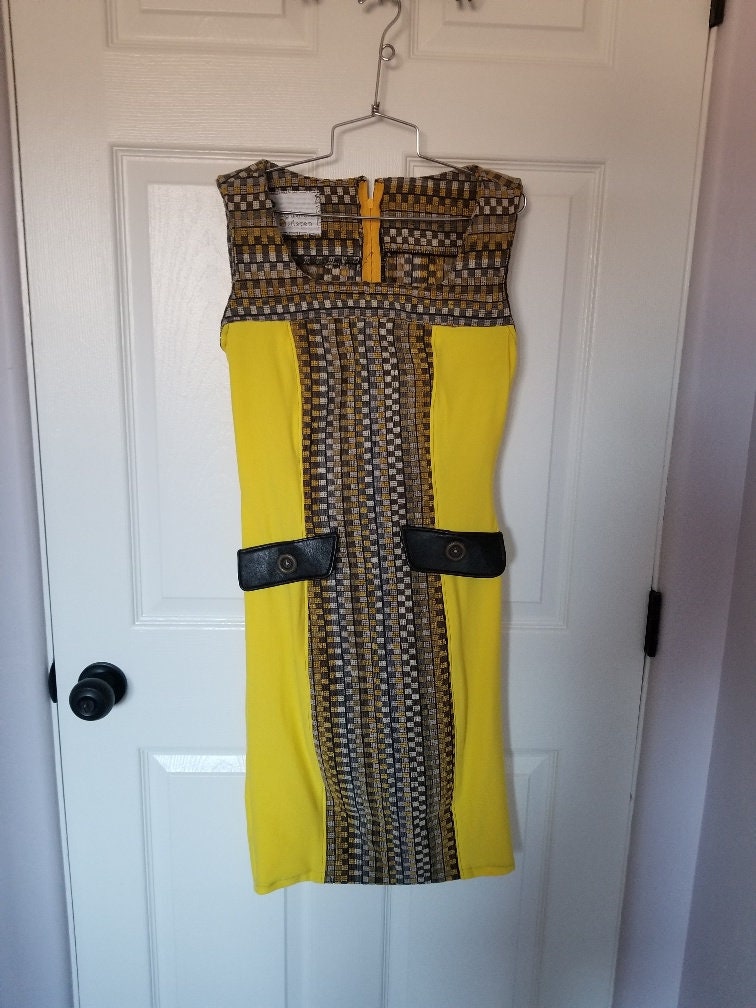 Vibrant Yellow Jersey Knit Dress with Corduroy and Leather Accents