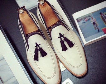 Men Handmade White Color Loafer Leather Shoes, Mens BlackTussles Fashion Shoes, Men's Slipper Shoes Loafers Moccasin Shoes Men Style