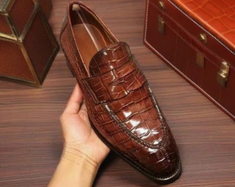 Handmade Men Brown Alligator Textured Leather Penny Loafer Shoes, Slip-ons Shoes