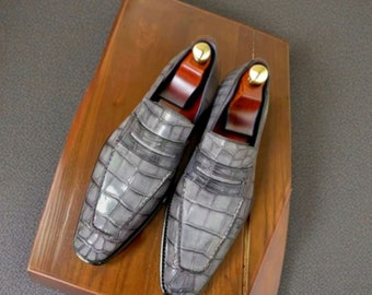 Handmade men shaded Grey crocodile Texture Leather dress shoes, slip on moccasin shoes