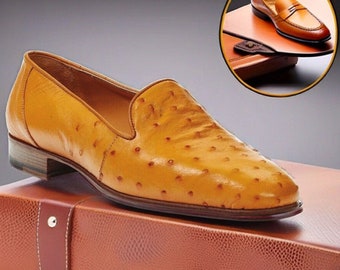 Handmade Pure Tan Ostrich Texture Leather Slip on Loafer Stylish Shoes for Men's Leather Men's Dress and Formal Shoes Gift for Men