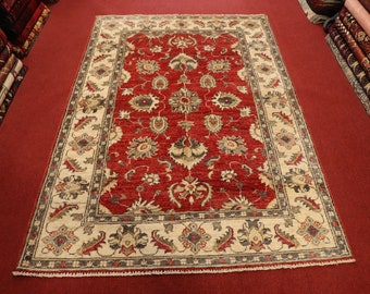 Size:4 x 6.1 feet Handmade Afghan Red Chobi Oushak Wool Rug