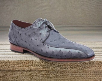 Handmade Pure Grey Ostrich Texture Leather Stylish Shoes for Men's Leather Men's Dress and Formal Shoes Gift for Men