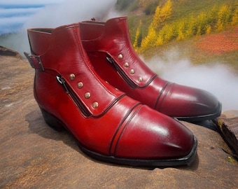 Handmade Red Leather New Style Cap Toe Ankle Fashion Zip Boot For Men Leather Boots Ankle Boot