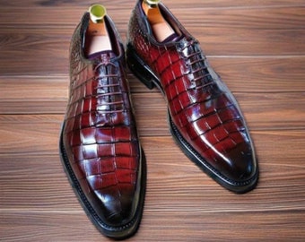 Handmade Red Crocodile Texture Leather Black Shaded Men's Dress and Formal Shoes