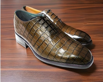 Handmade Brown Crocodile Texture Leather Black Shaded Men's Dress and Formal Shoes Gift for Men