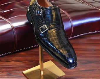 Men Handmade black Crocodile Texture double monk shoes, Calf leather tuxedo dress shoes