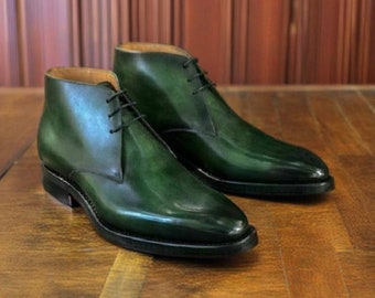 Handmade Men Leather Green Black Chukka Men Boots Ankle High Lace Up Stylish Dress Formal Wear Boots